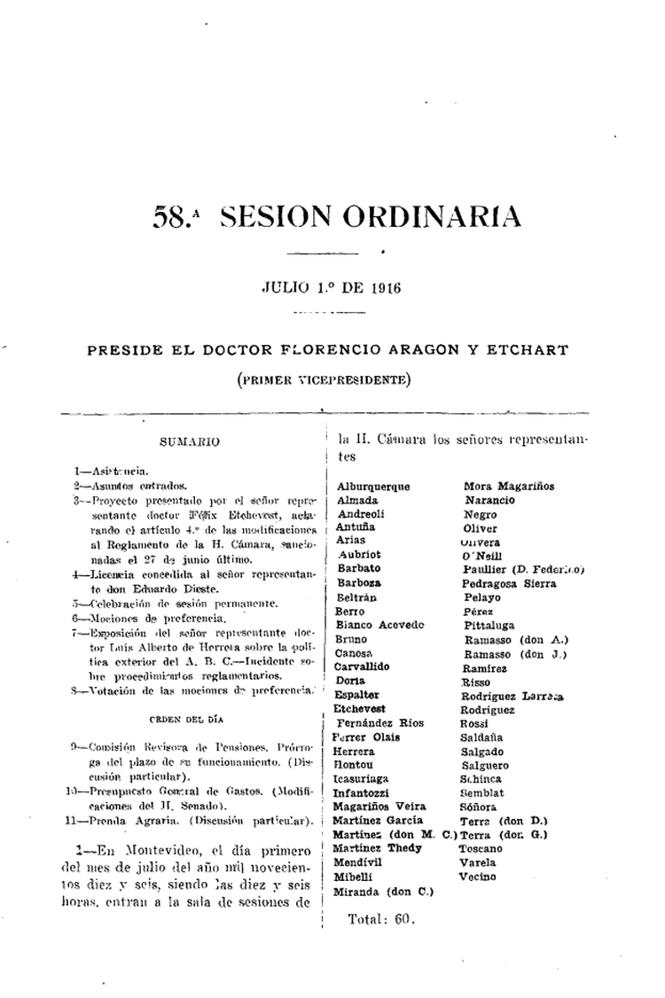 DIARIO DE SESIONES DE LA CAMARA DE REPRESENTANTES del 01/07/1916